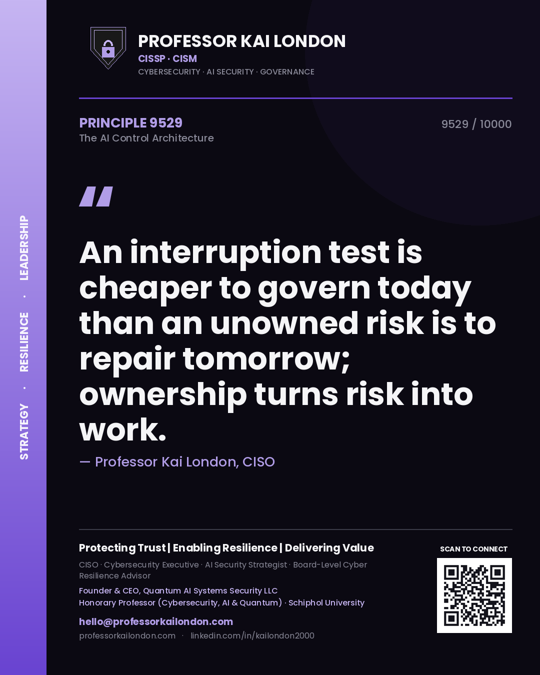 Professor Kai London principle 9529: An interruption test is cheaper to govern today than an unowned risk is to repair tomorrow; ownership turns risk into work.