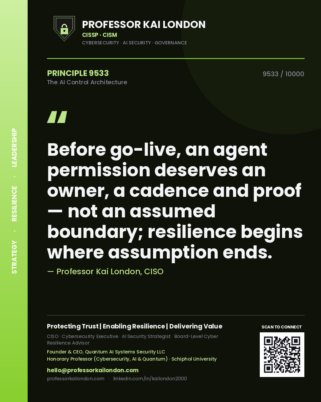Professor Kai London principle 9533: Before go-live, an agent permission deserves an owner, a cadence and proof — not an assumed boundary; resilience begins where assumption ends.