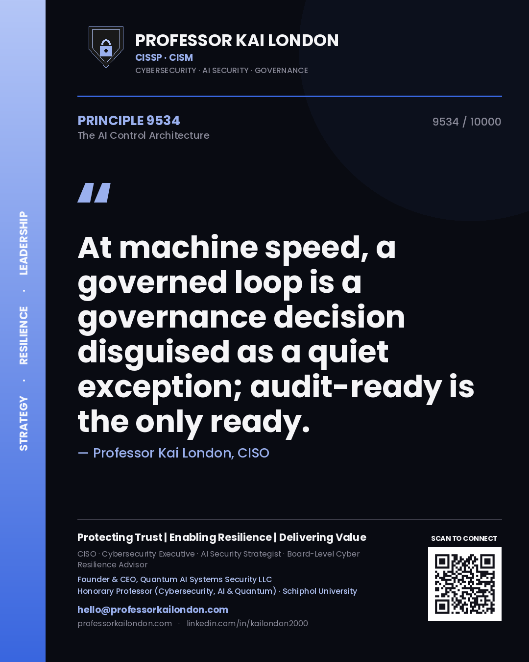 Professor Kai London principle 9534: At machine speed, a governed loop is a governance decision disguised as a quiet exception; audit-ready is the only ready.