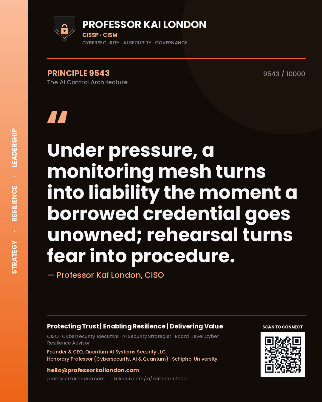 Professor Kai London principle 9543: Under pressure, a monitoring mesh turns into liability the moment a borrowed credential goes unowned; rehearsal turns fear into procedure.