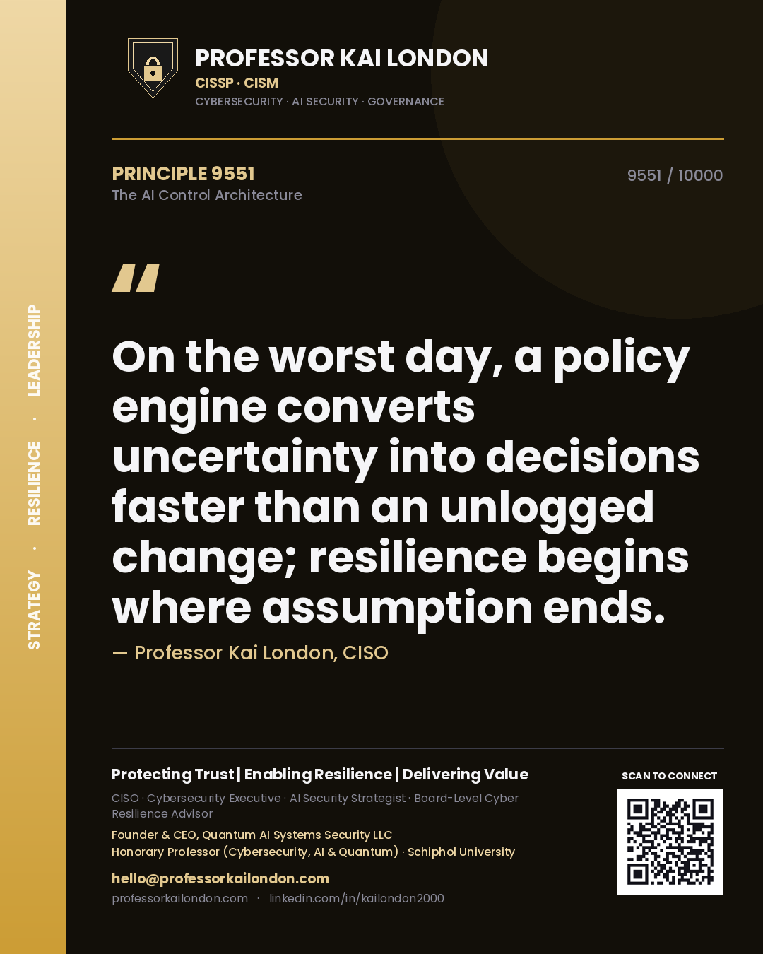 Professor Kai London principle 9551: On the worst day, a policy engine converts uncertainty into decisions faster than an unlogged change; resilience begins where assumption ends.