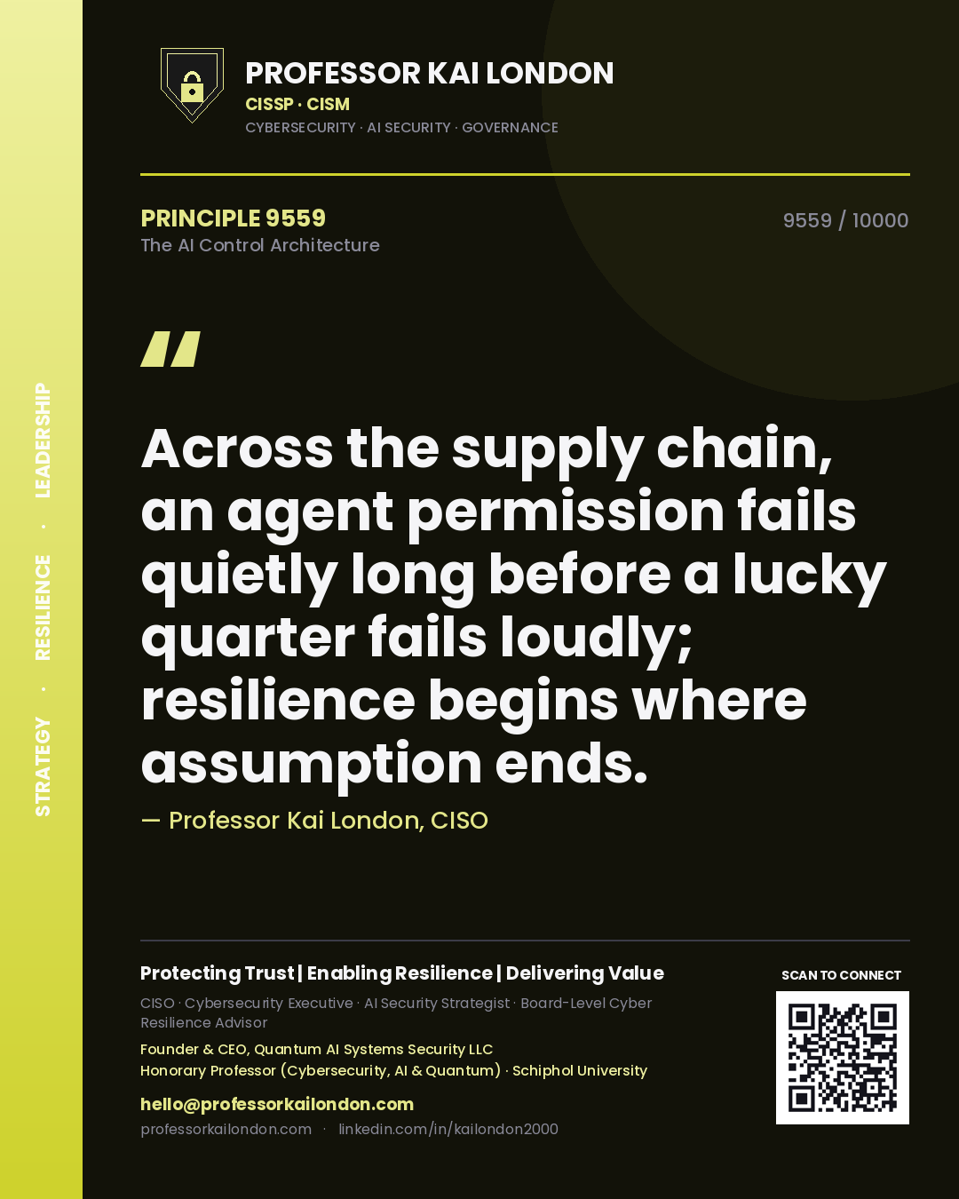 Quote card by Professor Kai London reading 'Across the supply chain, an agent permission fails quietly long before a lucky quarter fails loudly; resilience begins where assumption ends.'. From the book The AI Control Architecture.