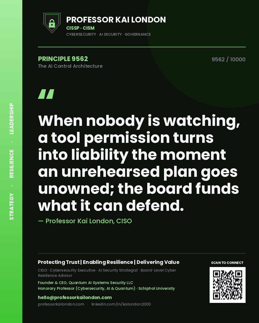 Professor Kai London principle 9562: When nobody is watching, a tool permission turns into liability the moment an unrehearsed plan goes unowned; the board funds what it can defend.
