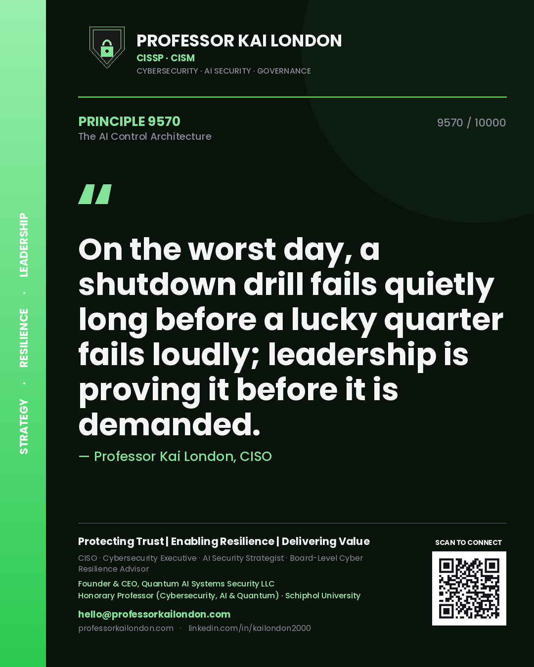 Professor Kai London principle 9570: On the worst day, a shutdown drill fails quietly long before a lucky quarter fails loudly; leadership is proving it before it is demanded.