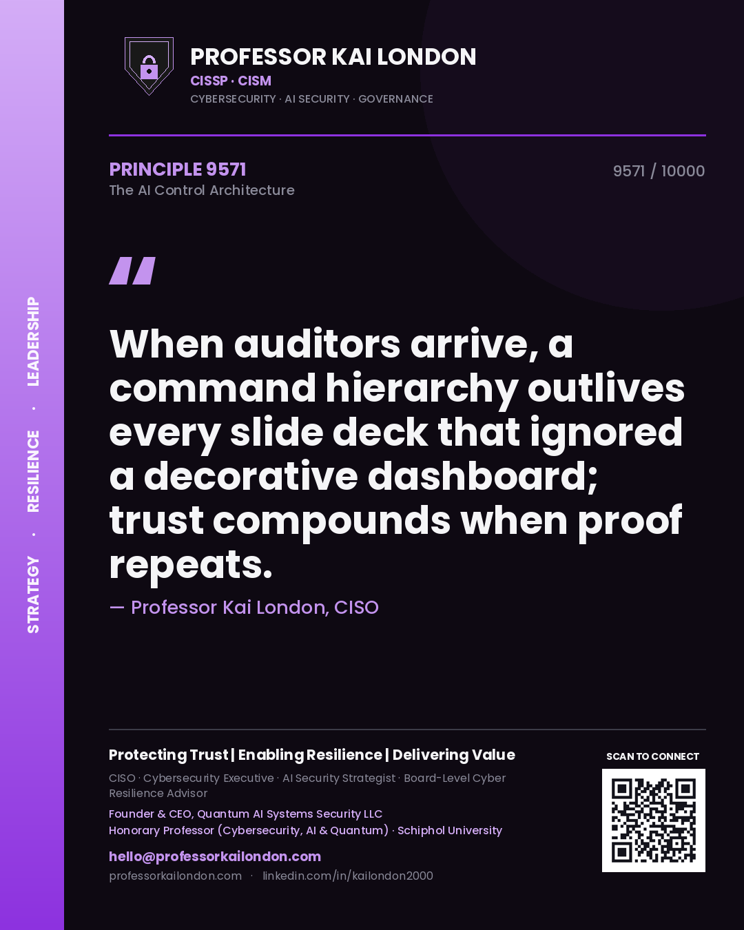Professor Kai London principle 9571: When auditors arrive, a command hierarchy outlives every slide deck that ignored a decorative dashboard; trust compounds when proof repeats.