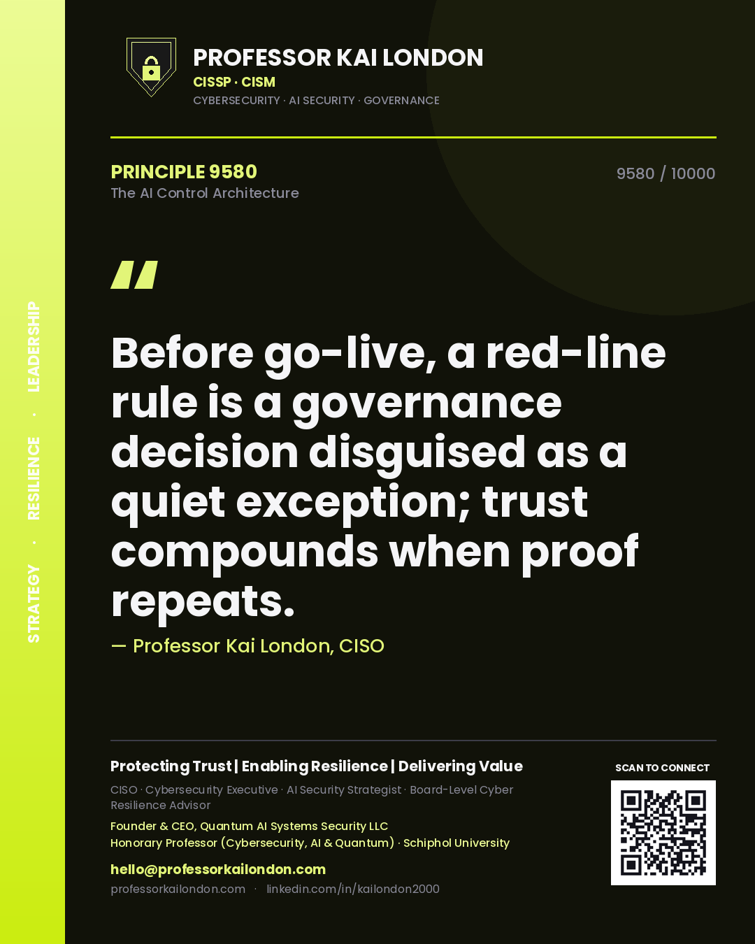 Quote card by Professor Kai London reading 'Before go-live, a red-line rule is a governance decision disguised as a quiet exception; trust compounds when proof repeats.'. From the book The AI Control Architecture.