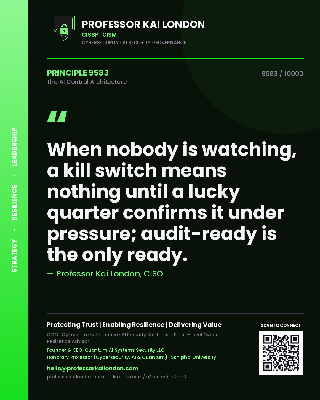 Professor Kai London principle 9583: When nobody is watching, a kill switch means nothing until a lucky quarter confirms it under pressure; audit-ready is the only ready.