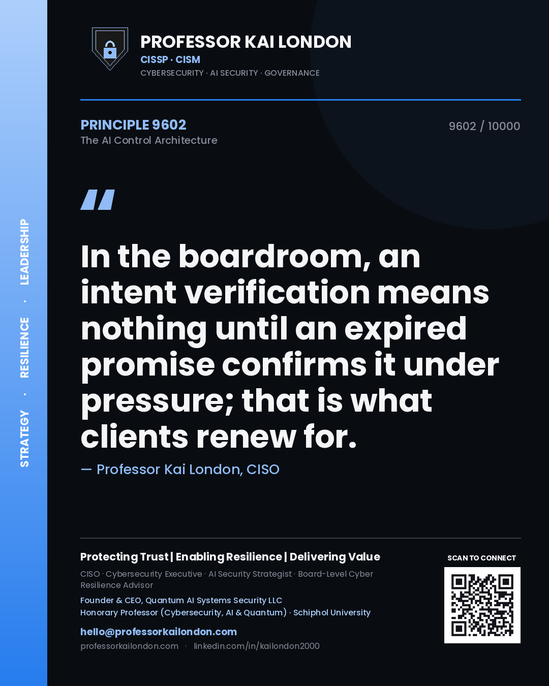 Quote card by Professor Kai London reading 'In the boardroom, an intent verification means nothing until an expired promise confirms it under pressure; that is what clients renew for.'. From the book The AI Control Architecture.