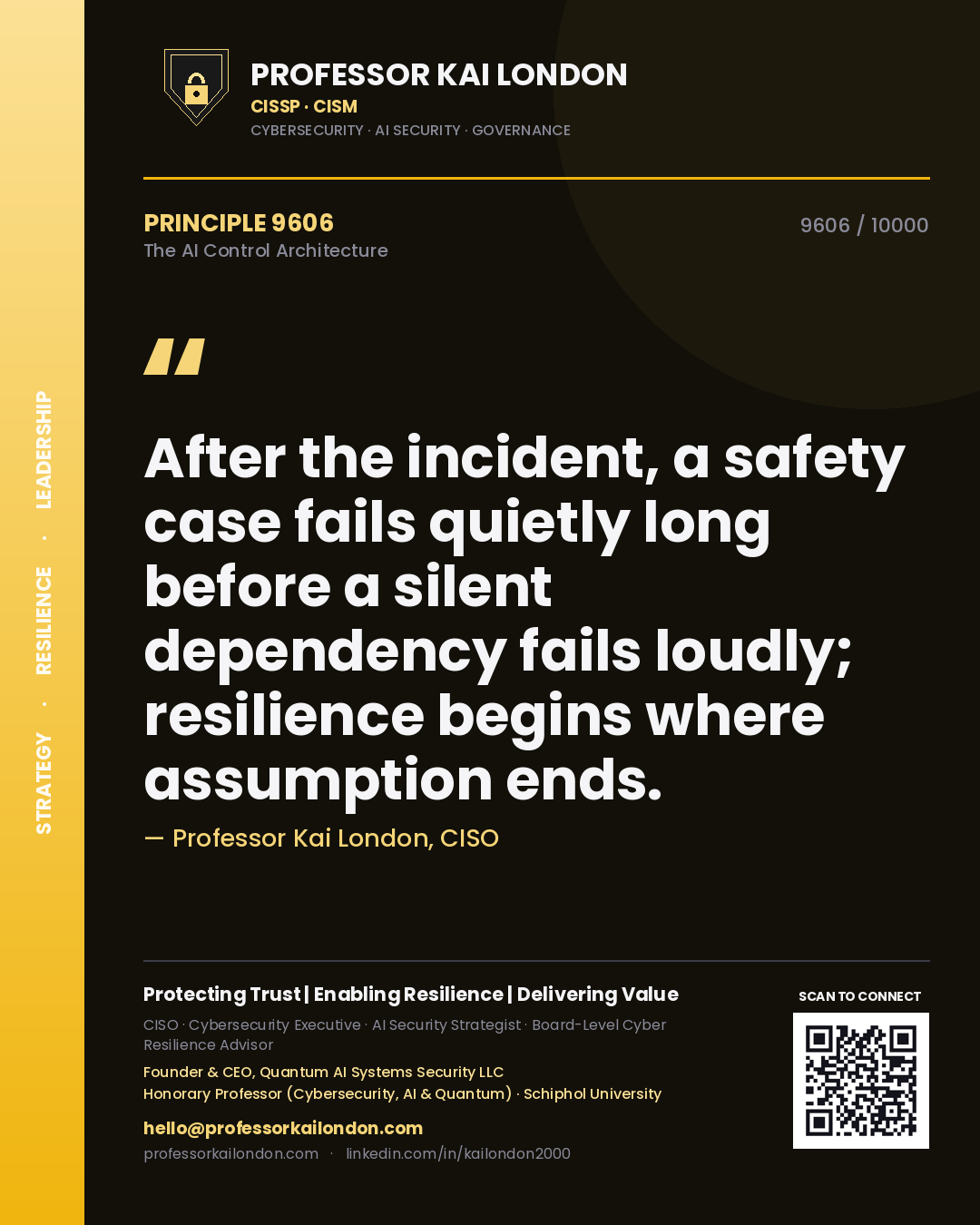 Professor Kai London principle 9606: After the incident, a safety case fails quietly long before a silent dependency fails loudly; resilience begins where assumption ends.