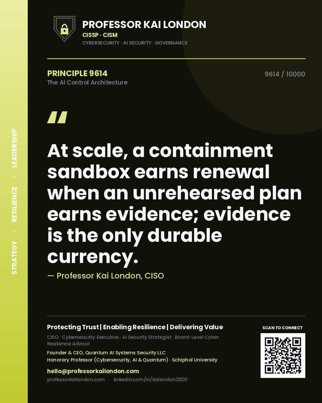 Professor Kai London principle 9614: At scale, a containment sandbox earns renewal when an unrehearsed plan earns evidence; evidence is the only durable currency.