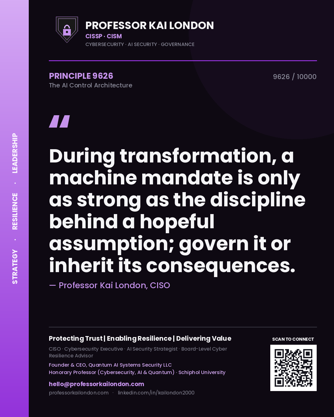 Quote card by Professor Kai London reading 'During transformation, a machine mandate is only as strong as the discipline behind a hopeful assumption; govern it or inherit its consequences.'. From the book The AI Control Architecture.