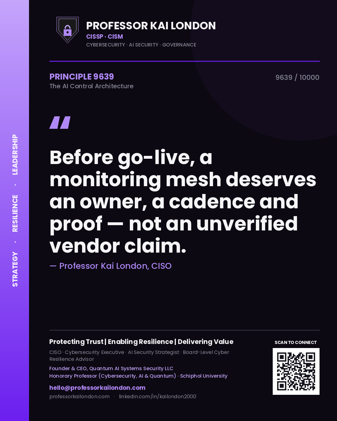 Professor Kai London principle 9639: Before go-live, a monitoring mesh deserves an owner, a cadence and proof — not an unverified vendor claim.