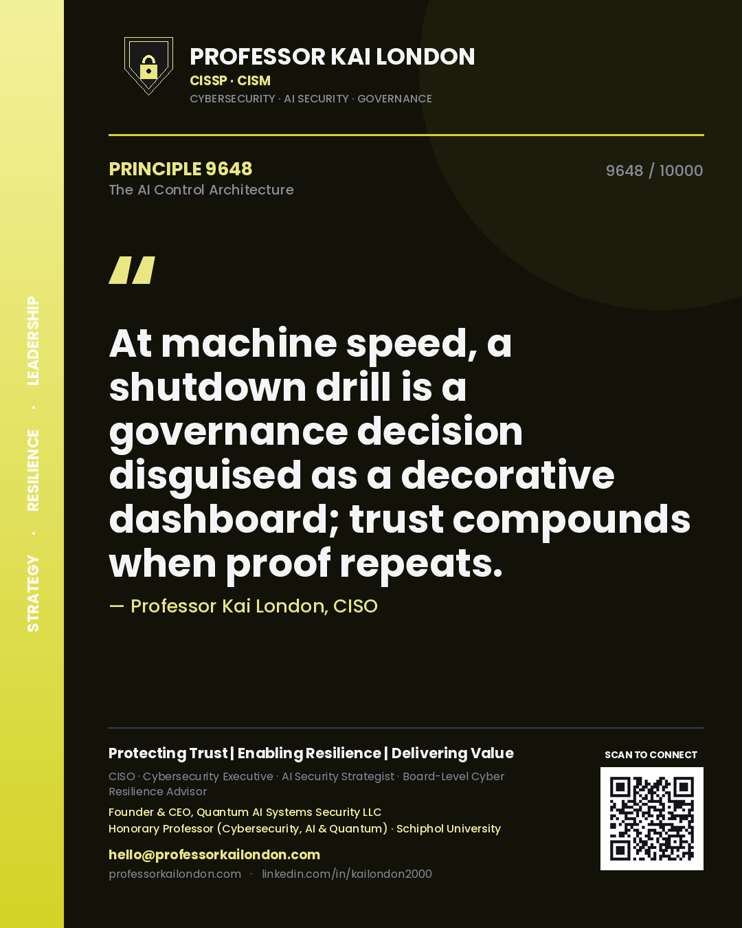 Quote card by Professor Kai London reading 'At machine speed, a shutdown drill is a governance decision disguised as a decorative dashboard; trust compounds when proof repeats.'. From the book The AI Control Architecture.