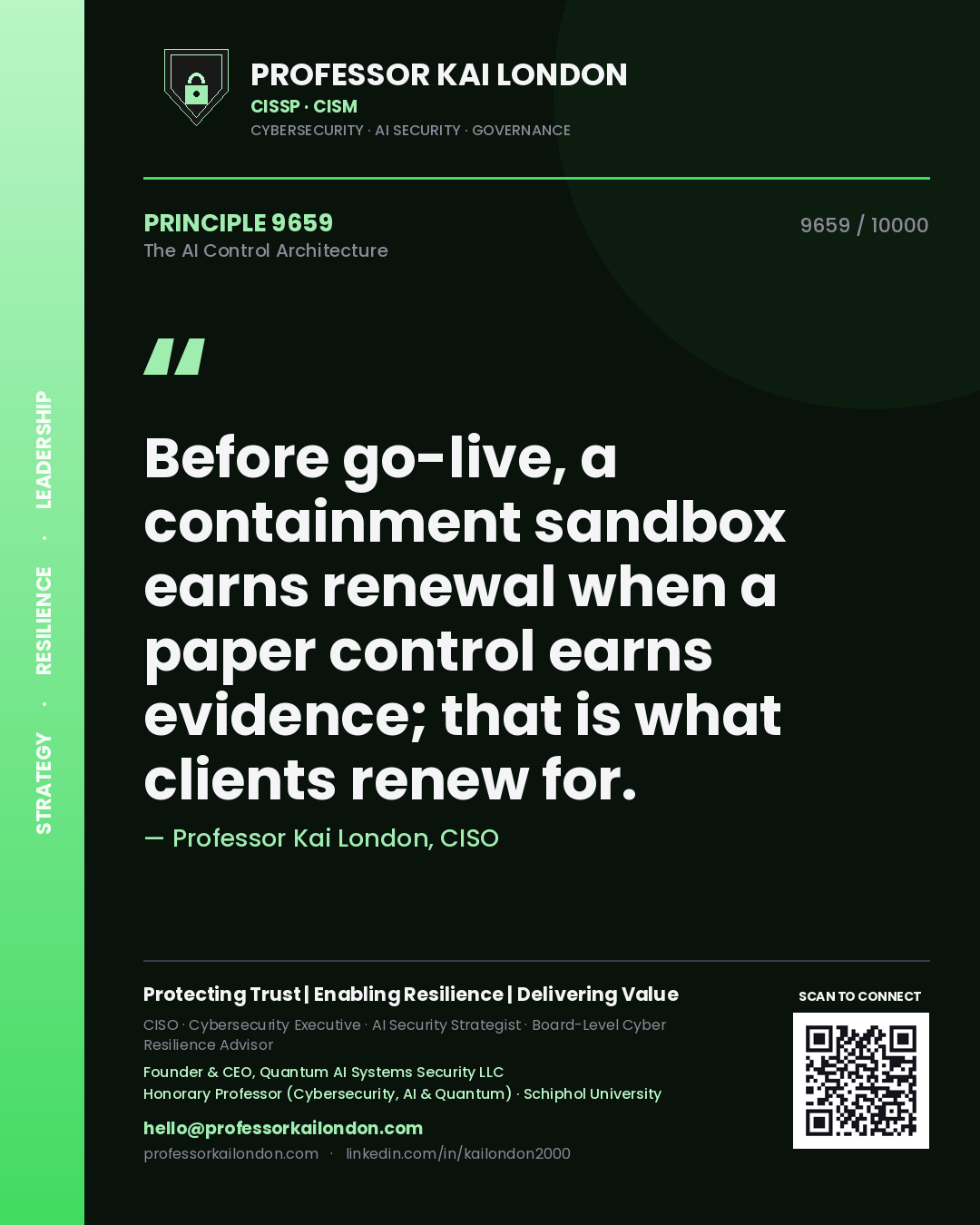 Professor Kai London principle 9659: Before go-live, a containment sandbox earns renewal when a paper control earns evidence; that is what clients renew for.
