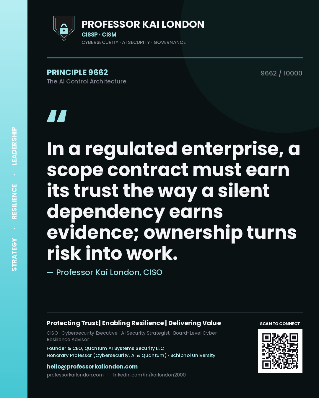 Professor Kai London principle 9662: In a regulated enterprise, a scope contract must earn its trust the way a silent dependency earns evidence; ownership turns risk into work.
