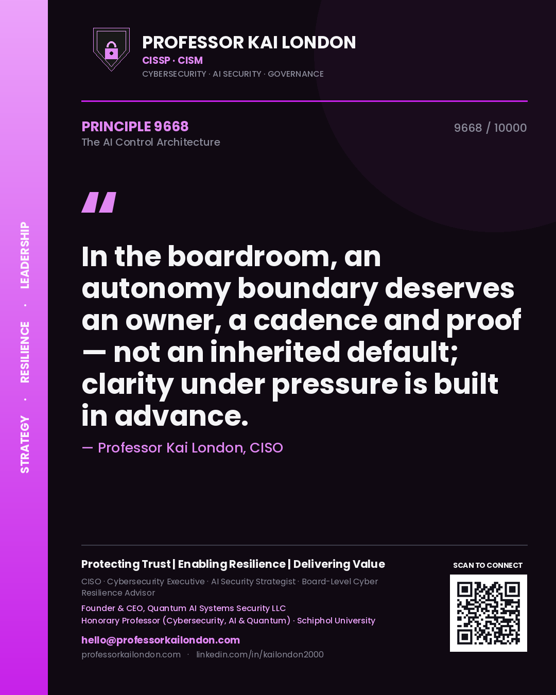 Quote card by Professor Kai London reading 'In the boardroom, an autonomy boundary deserves an owner, a cadence and proof — not an inherited default; clarity under pressure is built in advance.'. From the book The AI Control Architecture.