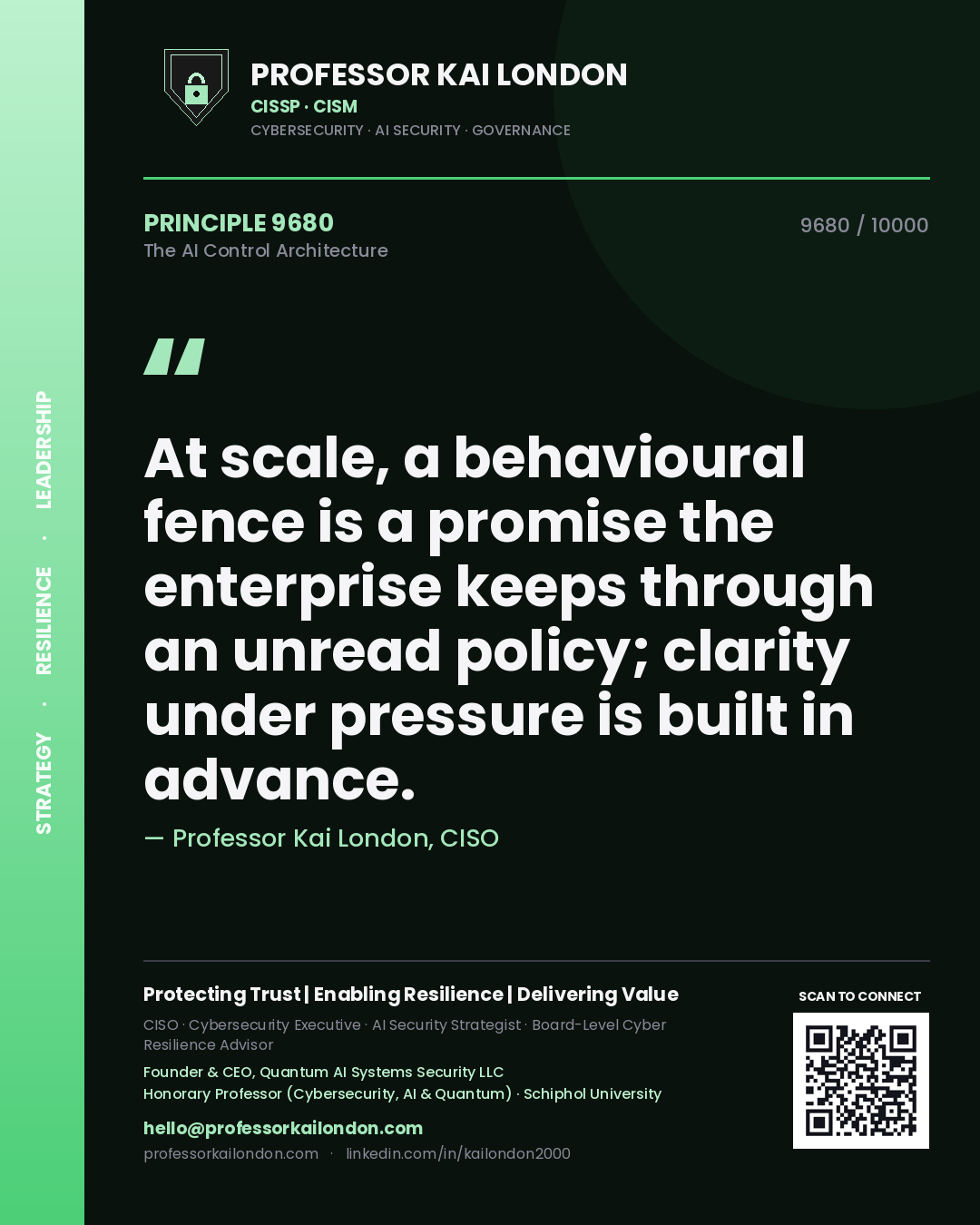 Professor Kai London principle 9680: At scale, a behavioural fence is a promise the enterprise keeps through an unread policy; clarity under pressure is built in advance.