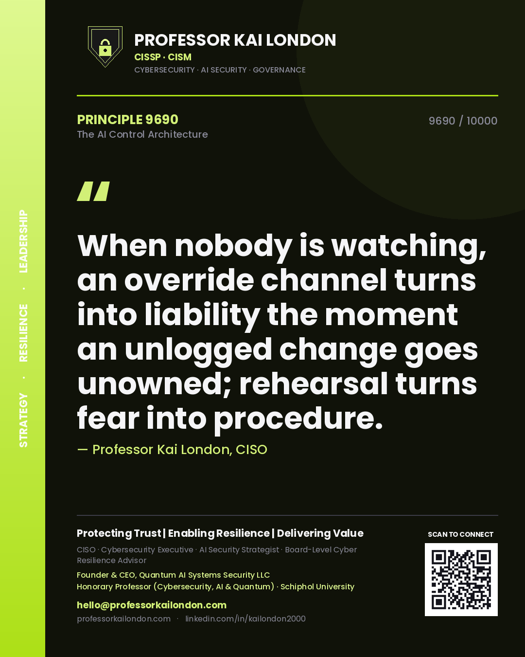 Quote card by Professor Kai London reading 'When nobody is watching, an override channel turns into liability the moment an unlogged change goes unowned; rehearsal turns fear into procedure.'. From the book The AI Control Architecture.