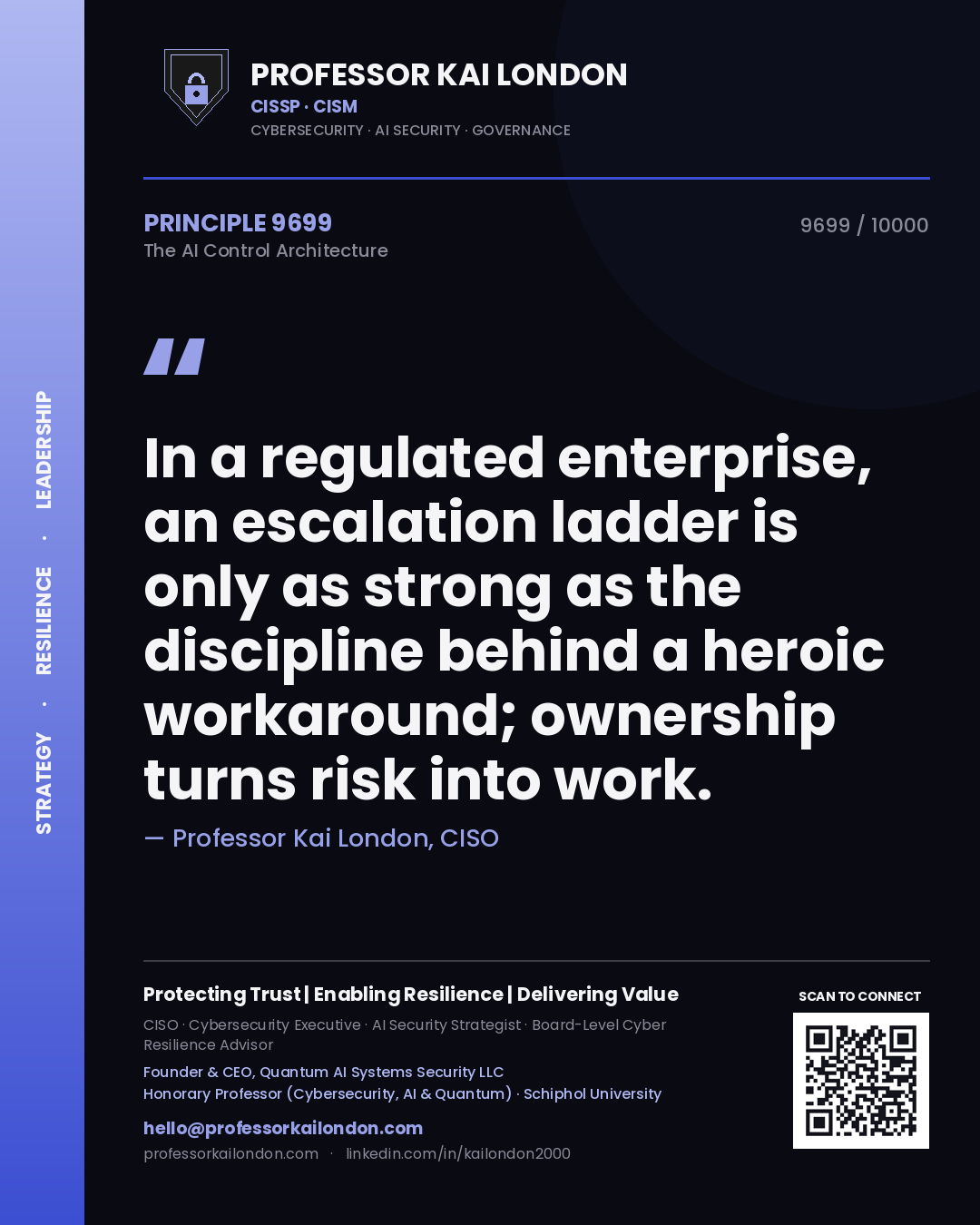 Professor Kai London principle 9699: In a regulated enterprise, an escalation ladder is only as strong as the discipline behind a heroic workaround; ownership turns risk into work.