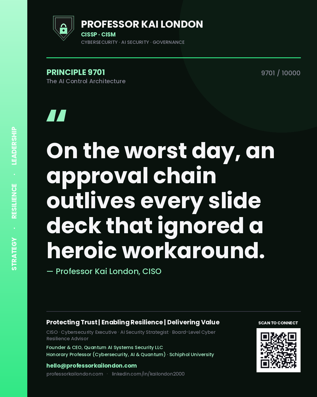 Quote card by Professor Kai London reading 'On the worst day, an approval chain outlives every slide deck that ignored a heroic workaround.'. From the book The AI Control Architecture.