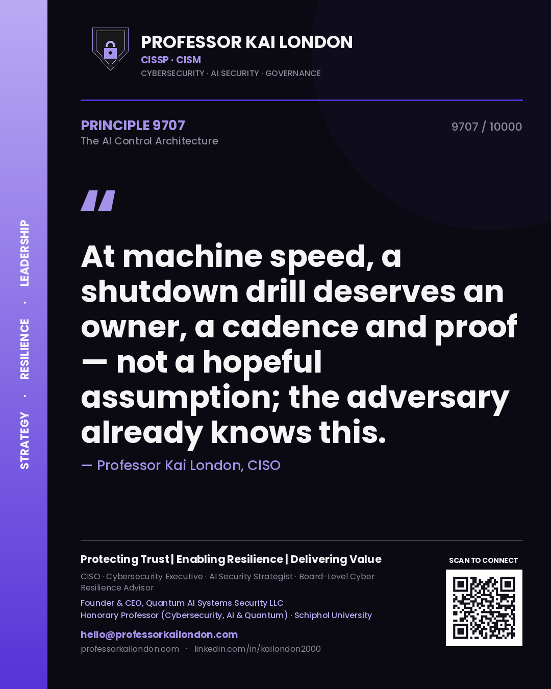 Professor Kai London principle 9707: At machine speed, a shutdown drill deserves an owner, a cadence and proof — not a hopeful assumption; the adversary already knows this.