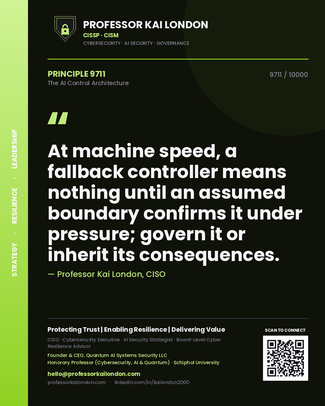 Professor Kai London principle 9711: At machine speed, a fallback controller means nothing until an assumed boundary confirms it under pressure; govern it or inherit its consequences.