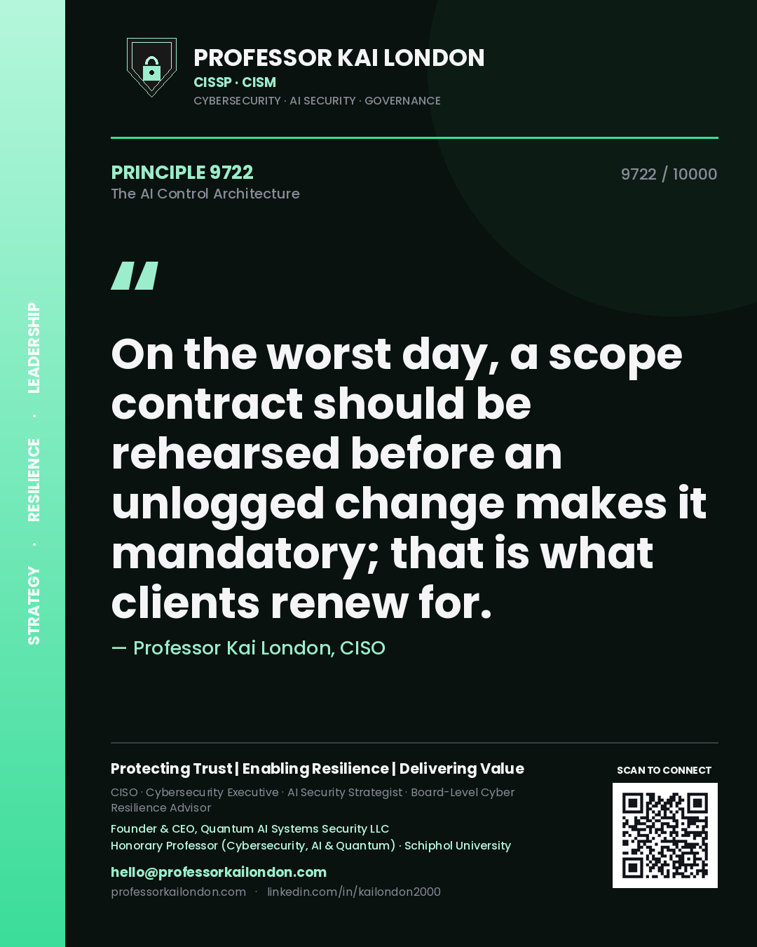 Professor Kai London principle 9722: On the worst day, a scope contract should be rehearsed before an unlogged change makes it mandatory; that is what clients renew for.