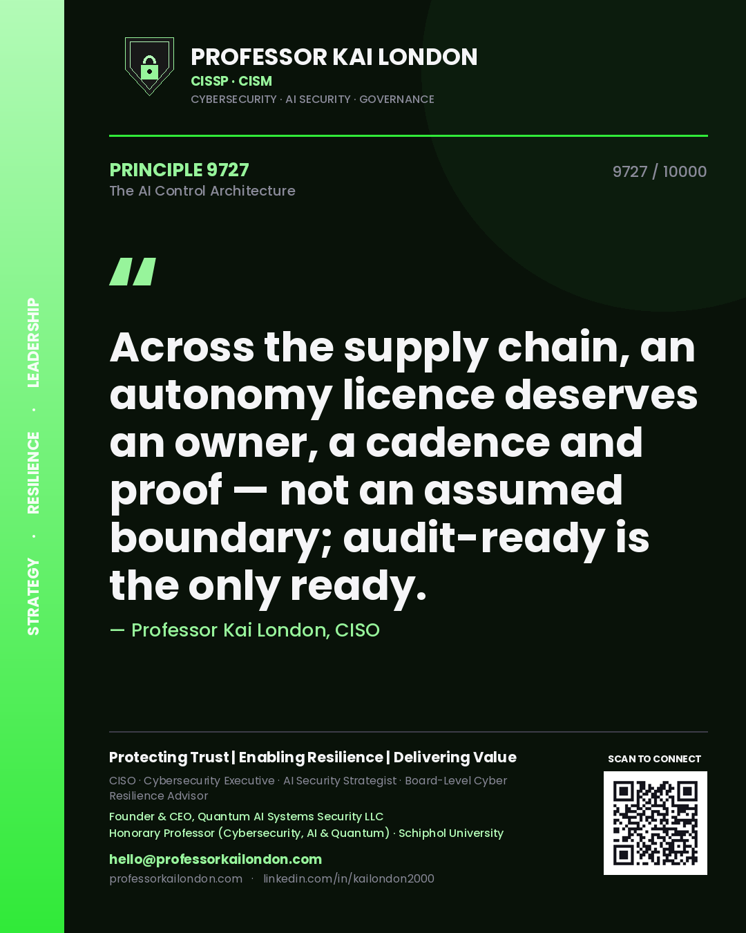 Professor Kai London principle 9727: Across the supply chain, an autonomy licence deserves an owner, a cadence and proof — not an assumed boundary; audit-ready is the only ready.