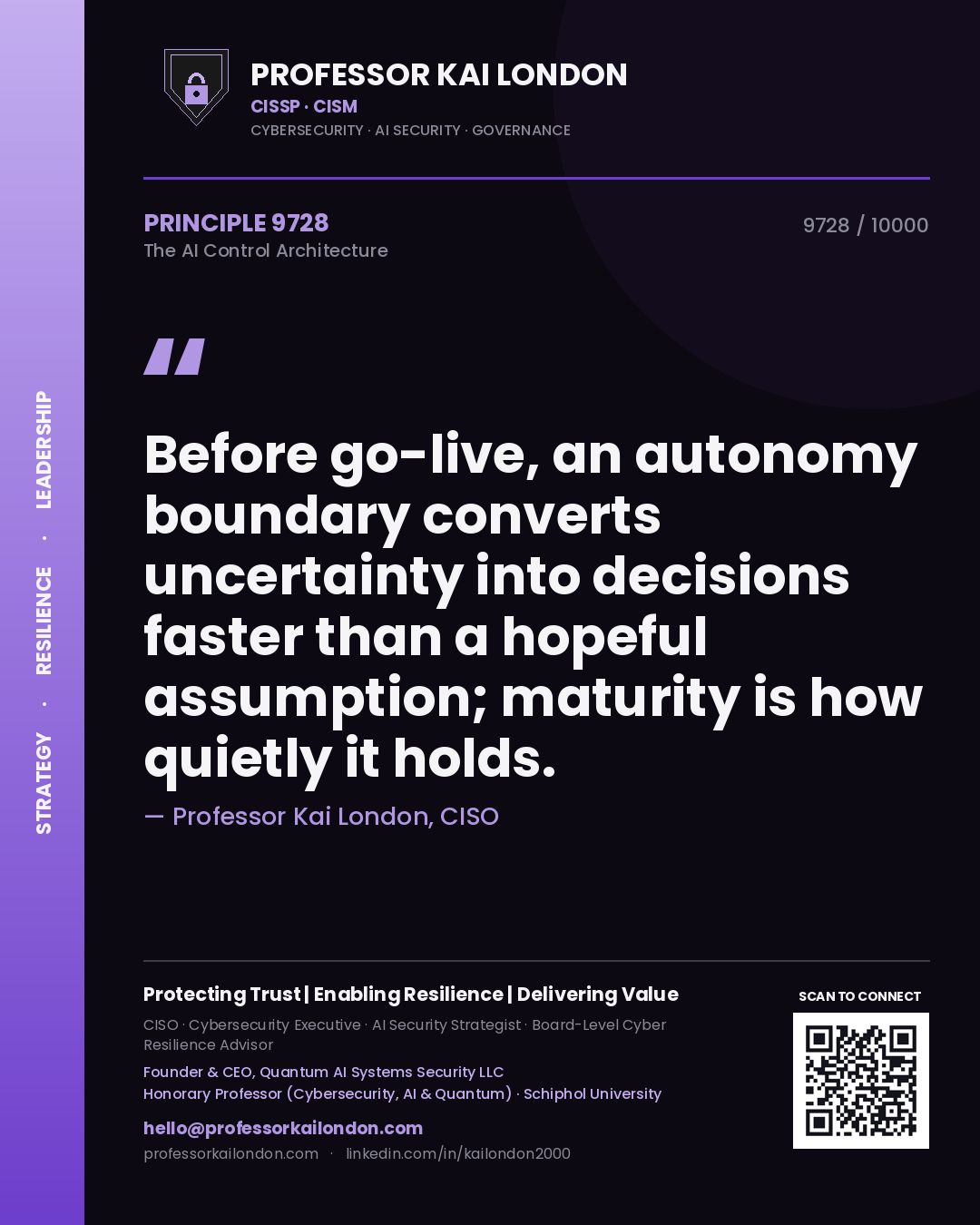 Professor Kai London principle 9728: Before go-live, an autonomy boundary converts uncertainty into decisions faster than a hopeful assumption; maturity is how quietly it holds.