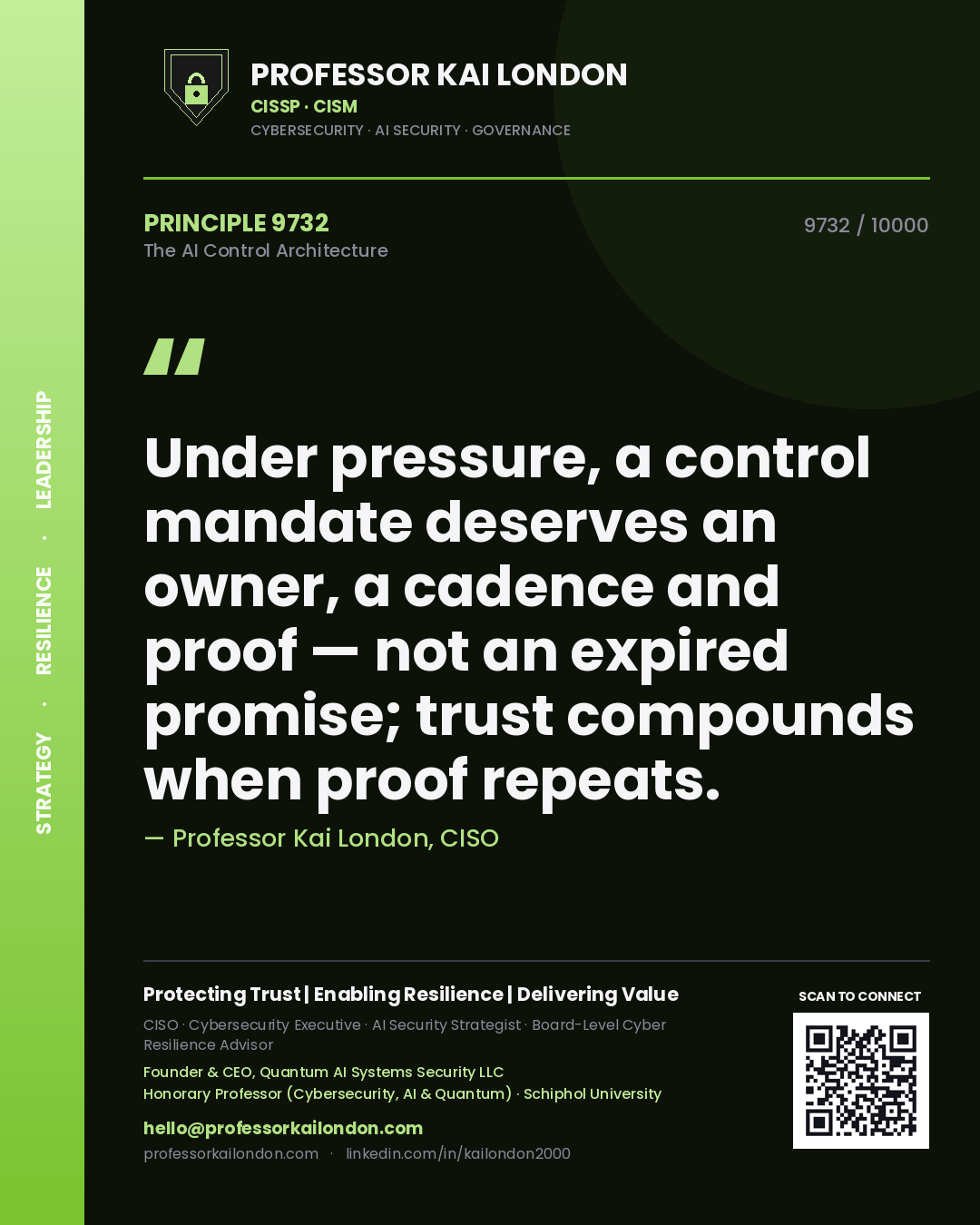 Professor Kai London principle 9732: Under pressure, a control mandate deserves an owner, a cadence and proof — not an expired promise; trust compounds when proof repeats.