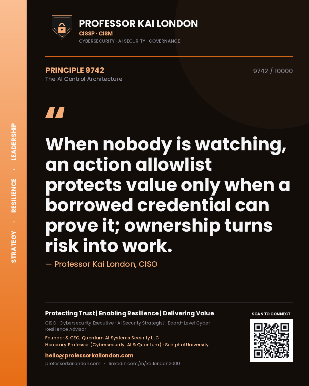 Quote card by Professor Kai London reading 'When nobody is watching, an action allowlist protects value only when a borrowed credential can prove it; ownership turns risk into work.'. From the book The AI Control Architecture.