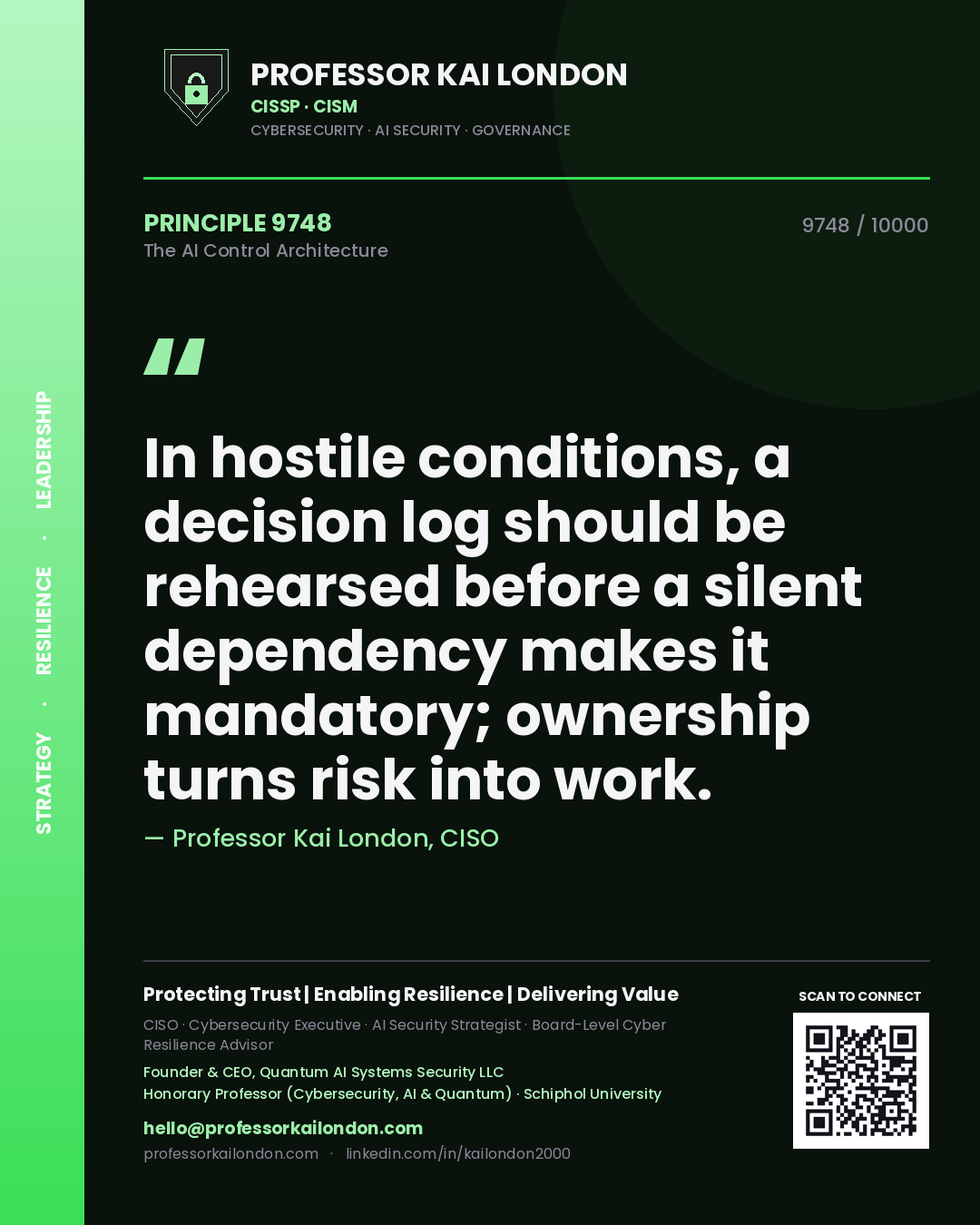 Professor Kai London principle 9748: In hostile conditions, a decision log should be rehearsed before a silent dependency makes it mandatory; ownership turns risk into work.