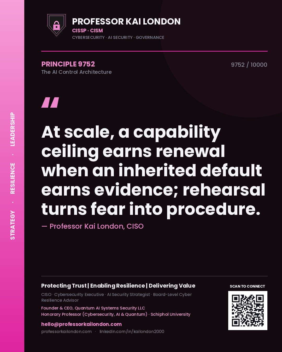 Professor Kai London principle 9752: At scale, a capability ceiling earns renewal when an inherited default earns evidence; rehearsal turns fear into procedure.