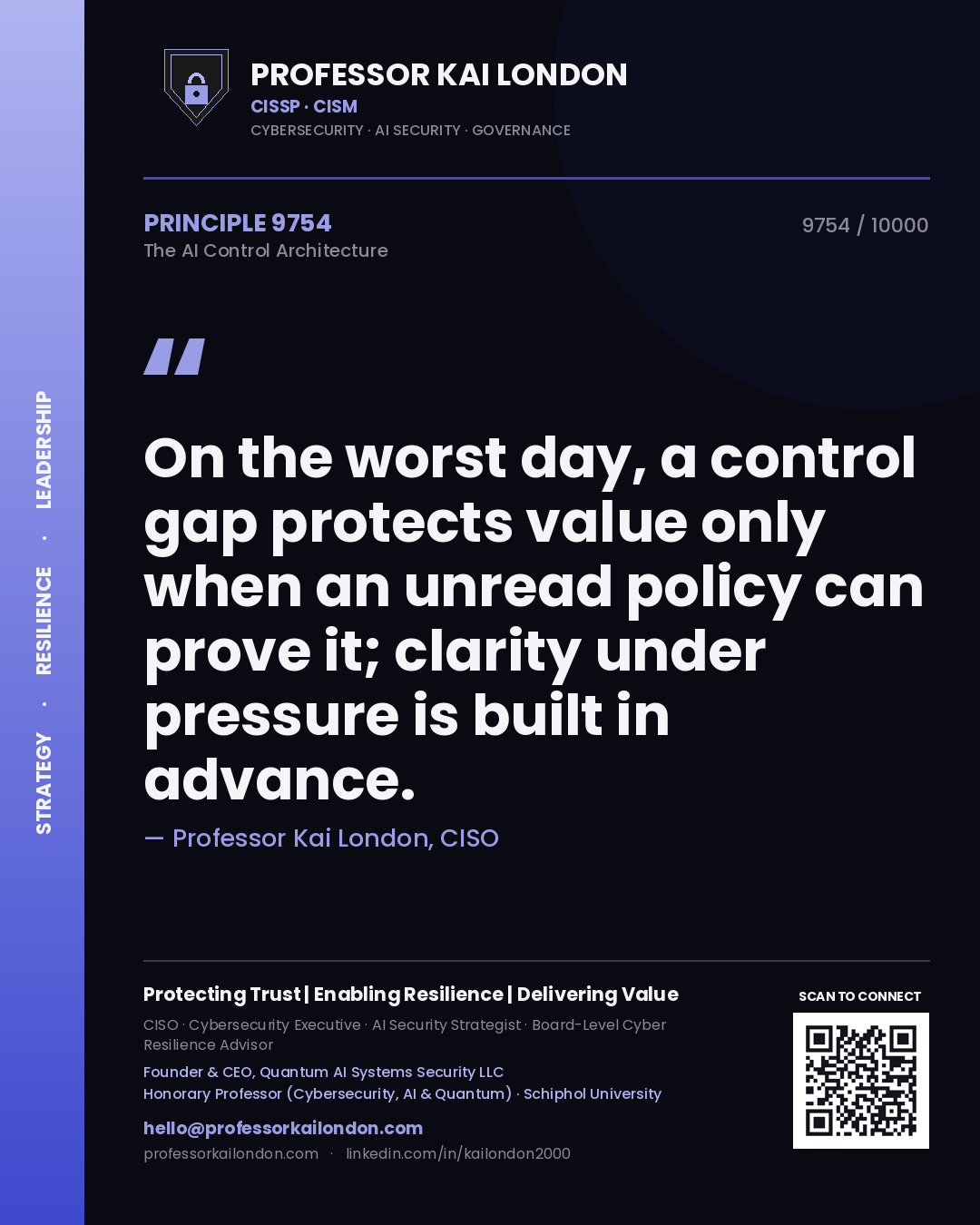 Professor Kai London principle 9754: On the worst day, a control gap protects value only when an unread policy can prove it; clarity under pressure is built in advance.