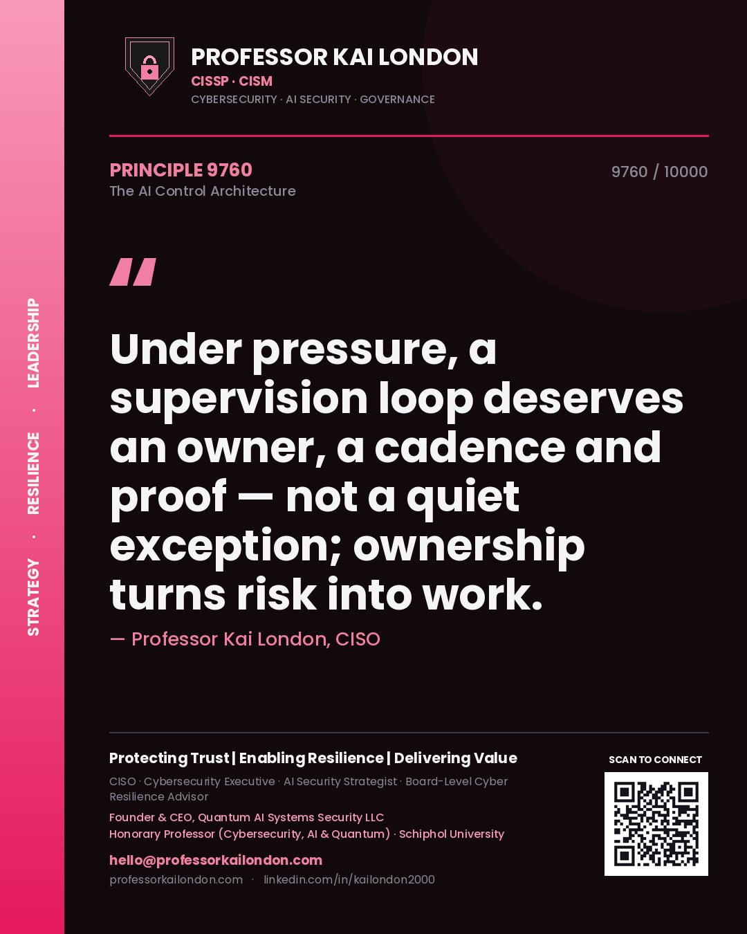 Professor Kai London principle 9760: Under pressure, a supervision loop deserves an owner, a cadence and proof — not a quiet exception; ownership turns risk into work.