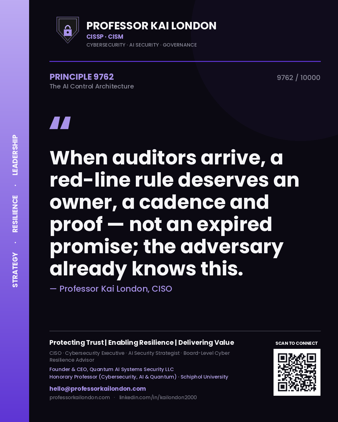 Quote card by Professor Kai London reading 'When auditors arrive, a red-line rule deserves an owner, a cadence and proof — not an expired promise; the adversary already knows this.'. From the book The AI Control Architecture.