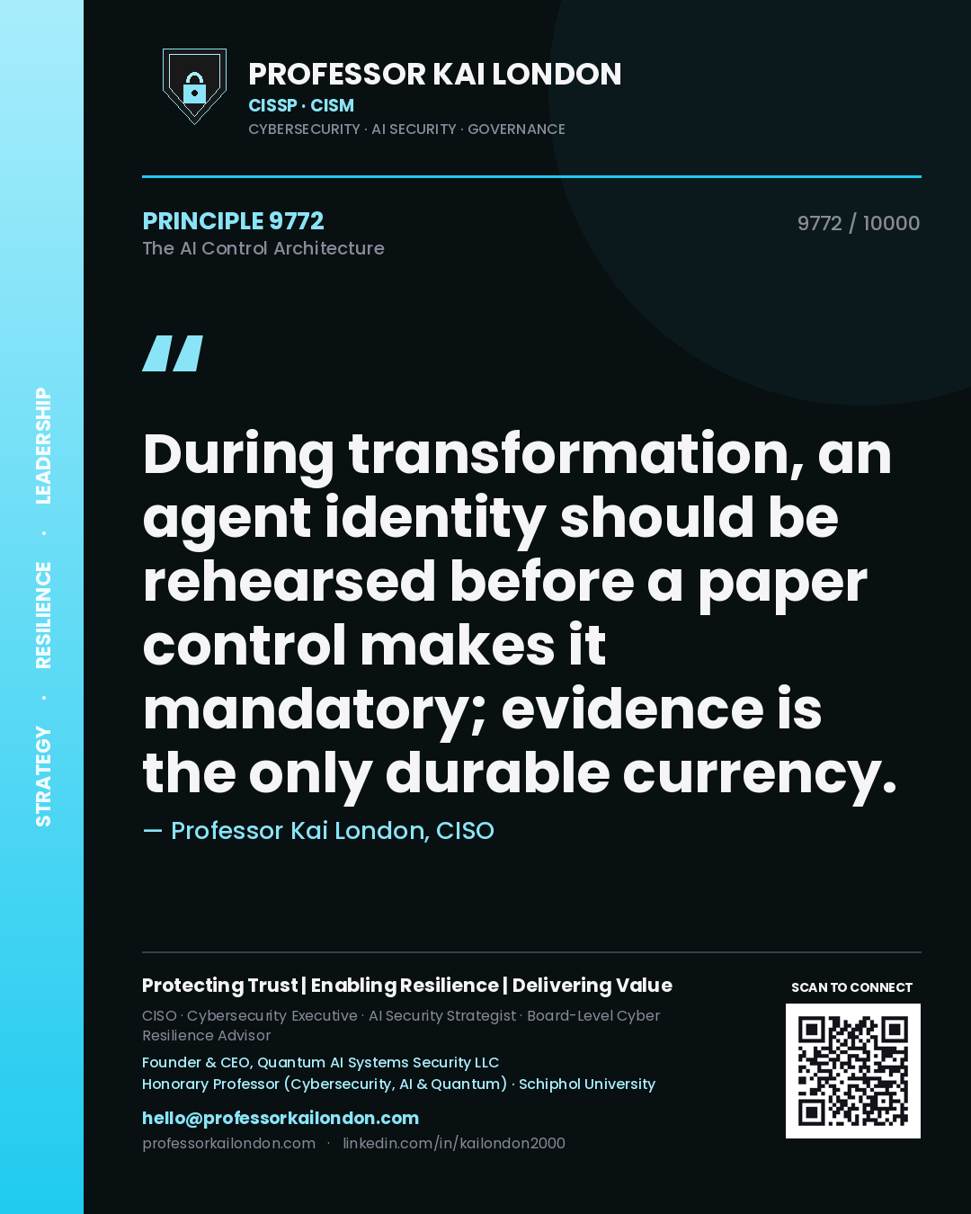 Quote card by Professor Kai London reading 'During transformation, an agent identity should be rehearsed before a paper control makes it mandatory; evidence is the only durable currency.'. From the book The AI Control Architecture.