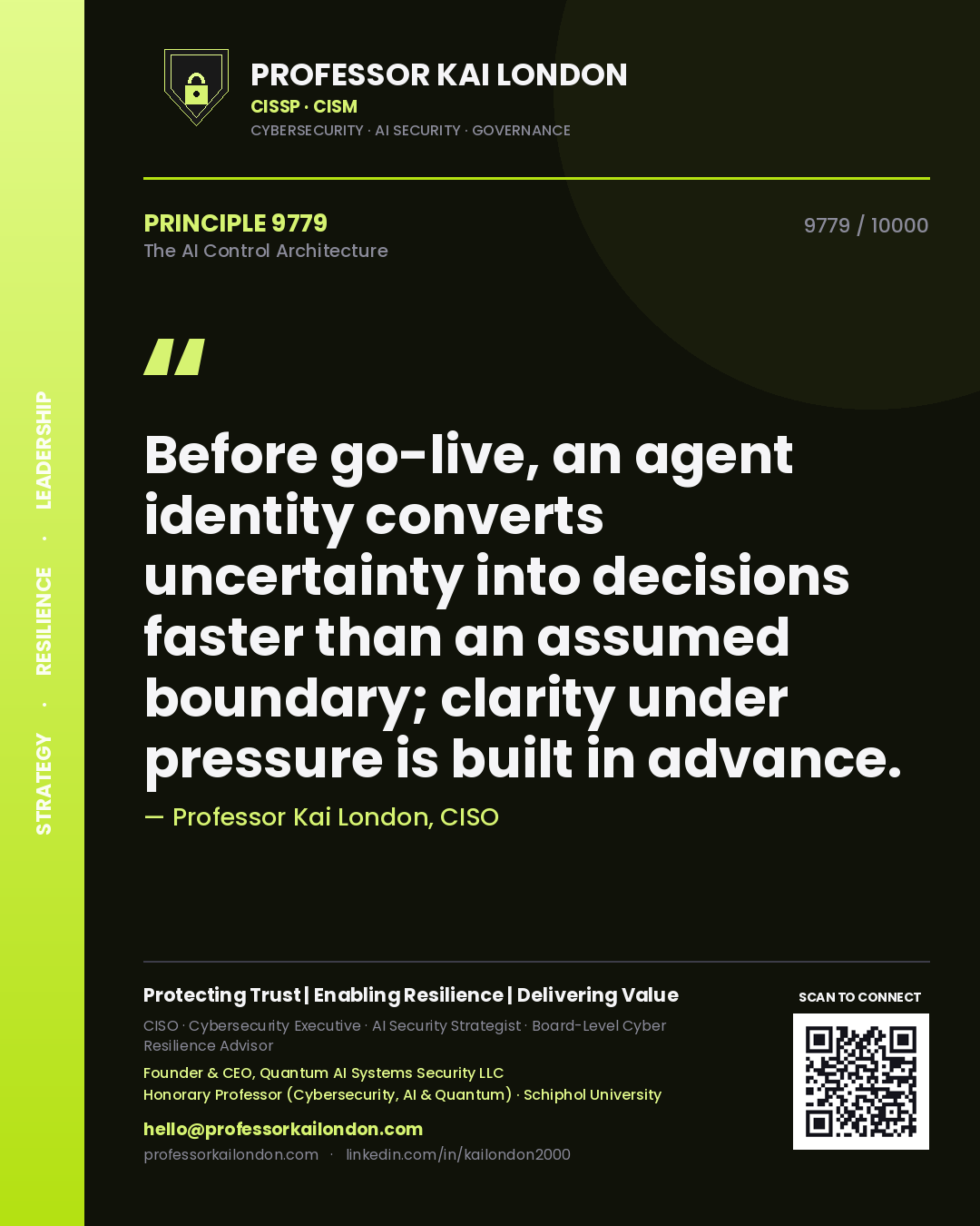 Professor Kai London principle 9779: Before go-live, an agent identity converts uncertainty into decisions faster than an assumed boundary; clarity under pressure is built in advance.