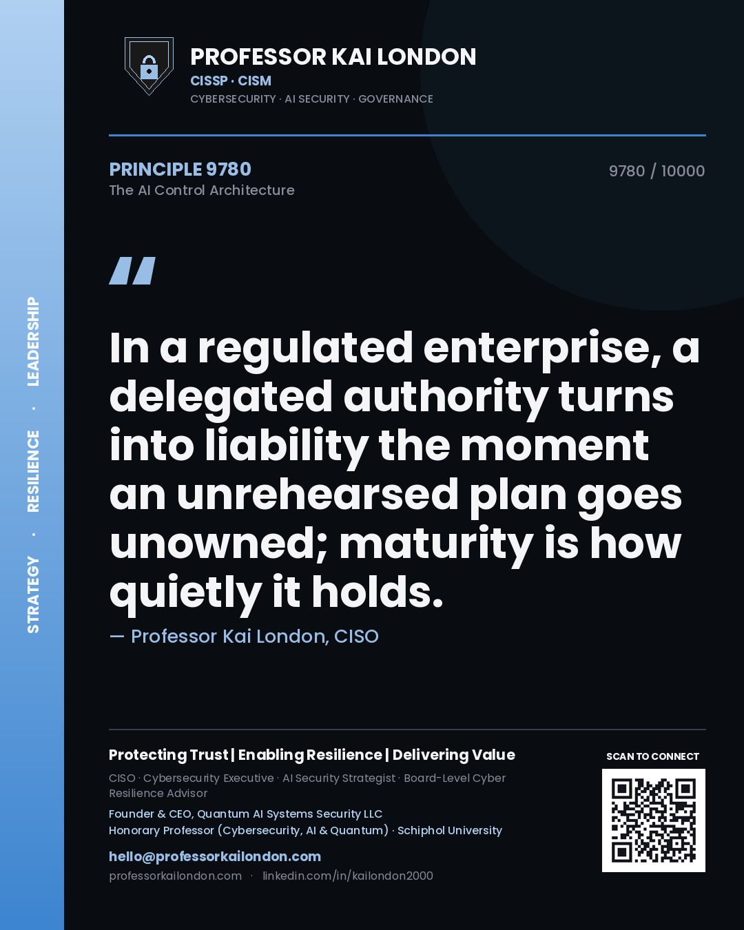 Quote card by Professor Kai London reading 'In a regulated enterprise, a delegated authority turns into liability the moment an unrehearsed plan goes unowned; maturity is how quietly it holds.'. From the book The AI Control Architecture.