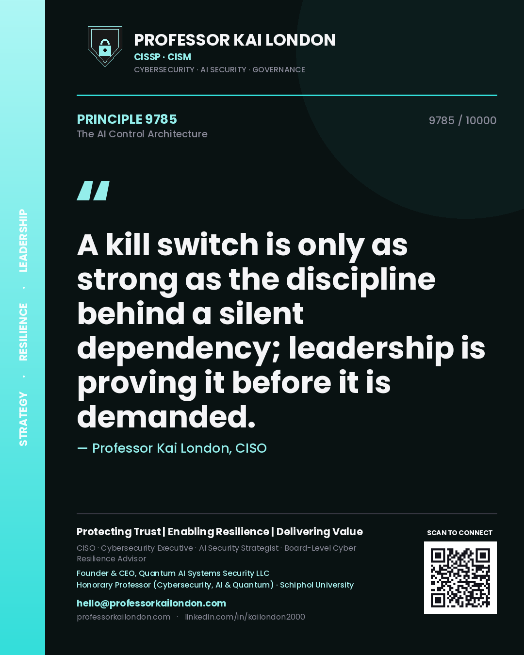 Quote card by Professor Kai London reading 'A kill switch is only as strong as the discipline behind a silent dependency; leadership is proving it before it is demanded.'. From the book The AI Control Architecture.