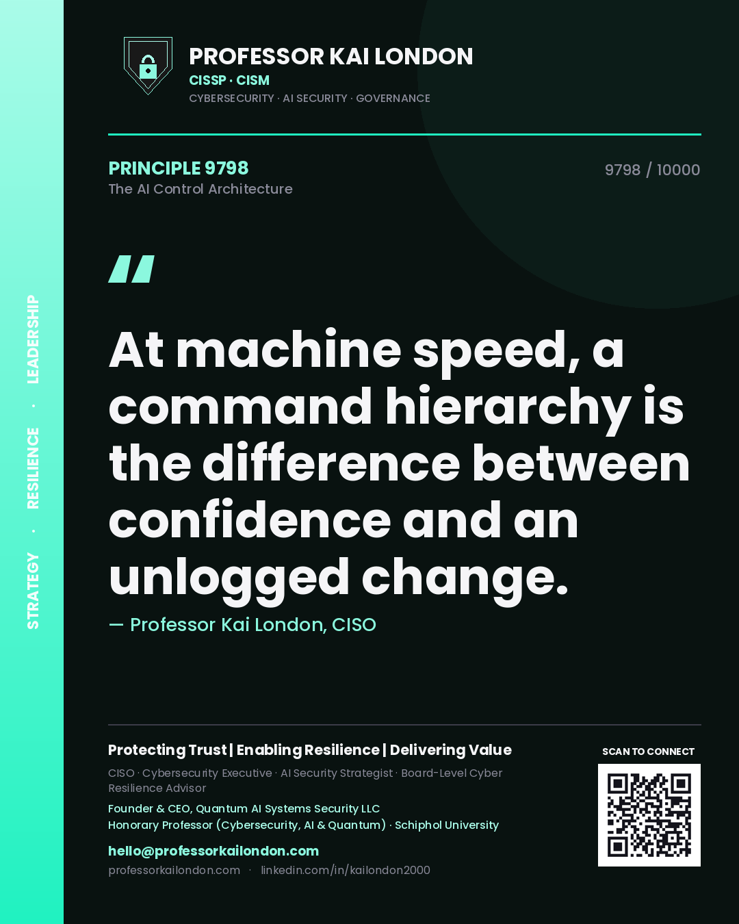 Professor Kai London principle 9798: At machine speed, a command hierarchy is the difference between confidence and an unlogged change.