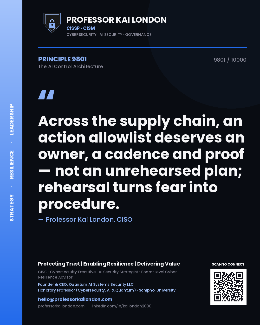Professor Kai London principle 9801: Across the supply chain, an action allowlist deserves an owner, a cadence and proof — not an unrehearsed plan; rehearsal turns fear into procedure.