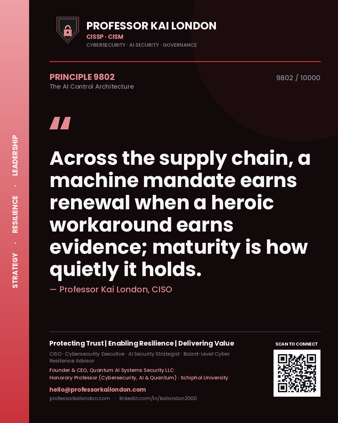 Professor Kai London principle 9802: Across the supply chain, a machine mandate earns renewal when a heroic workaround earns evidence; maturity is how quietly it holds.