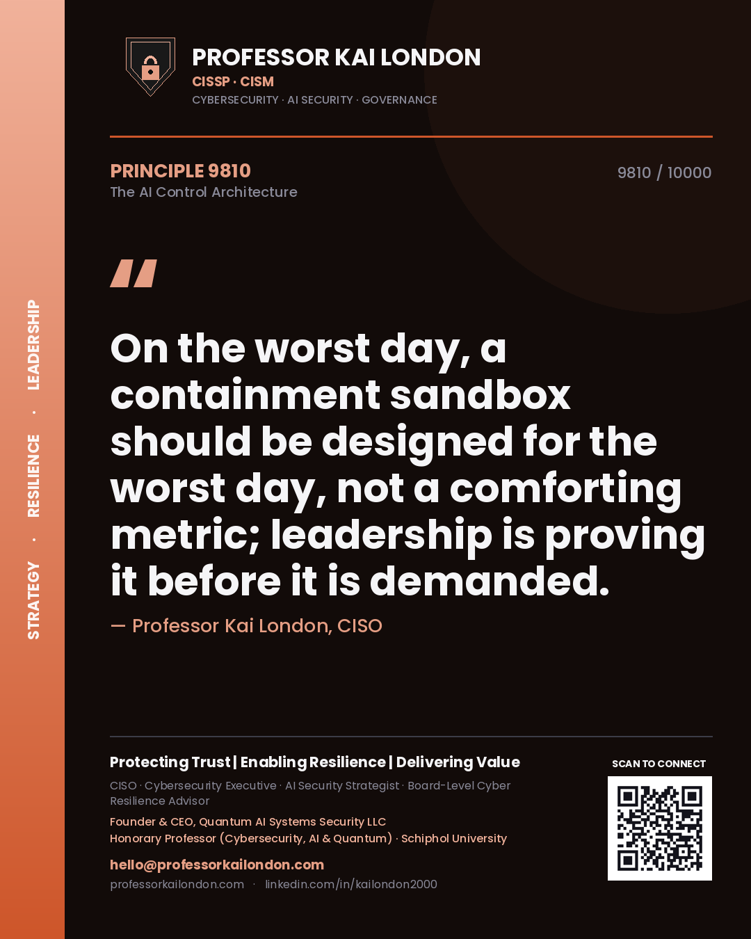Quote card by Professor Kai London reading 'On the worst day, a containment sandbox should be designed for the worst day, not a comforting metric; leadership is proving it before it is demanded.'. From the book The AI Control Architecture.