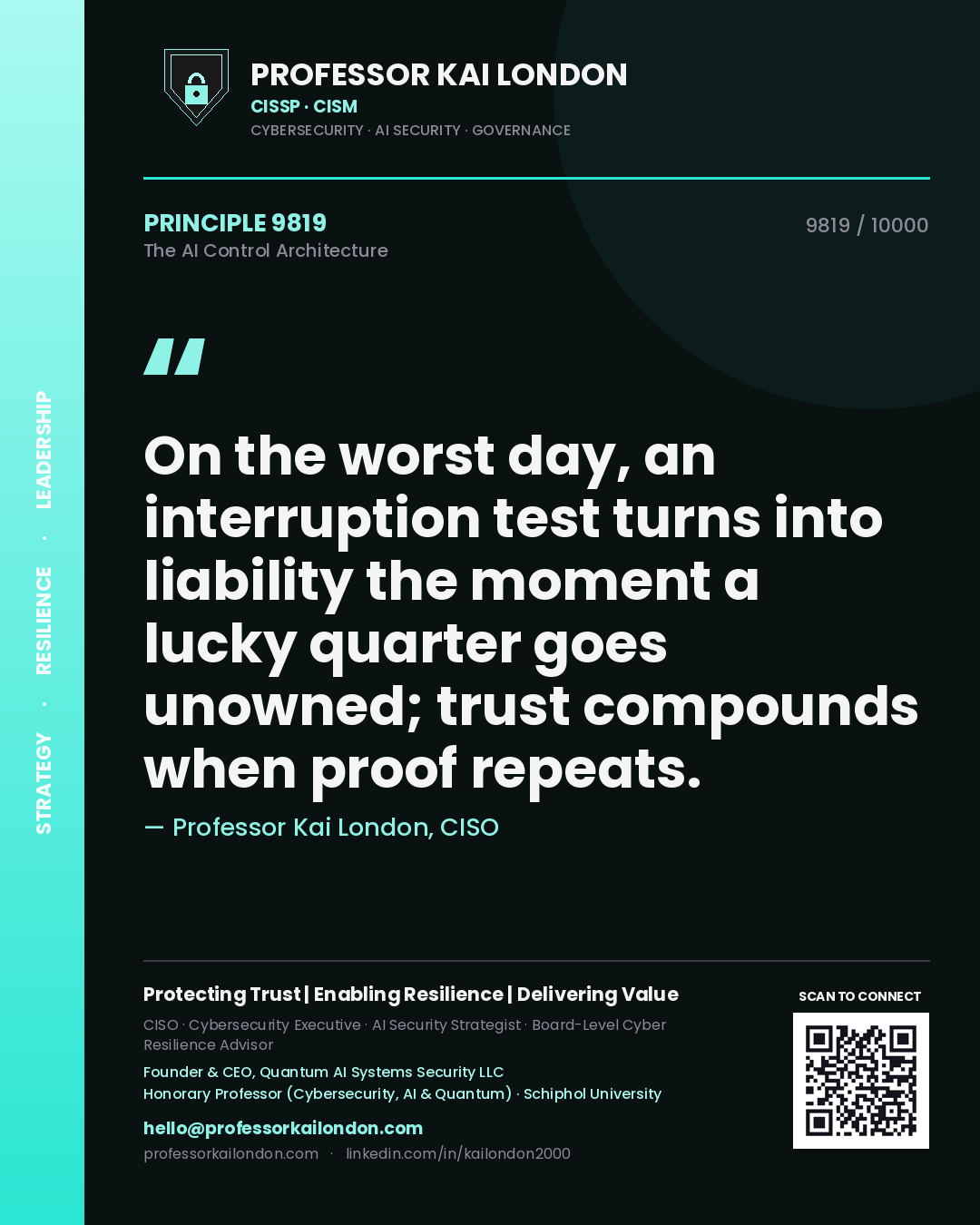 Professor Kai London principle 9819: On the worst day, an interruption test turns into liability the moment a lucky quarter goes unowned; trust compounds when proof repeats.