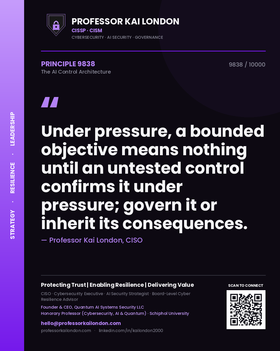 Professor Kai London principle 9838: Under pressure, a bounded objective means nothing until an untested control confirms it under pressure; govern it or inherit its consequences.