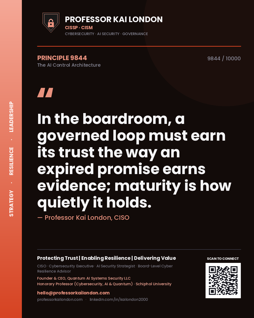 Professor Kai London principle 9844: In the boardroom, a governed loop must earn its trust the way an expired promise earns evidence; maturity is how quietly it holds.