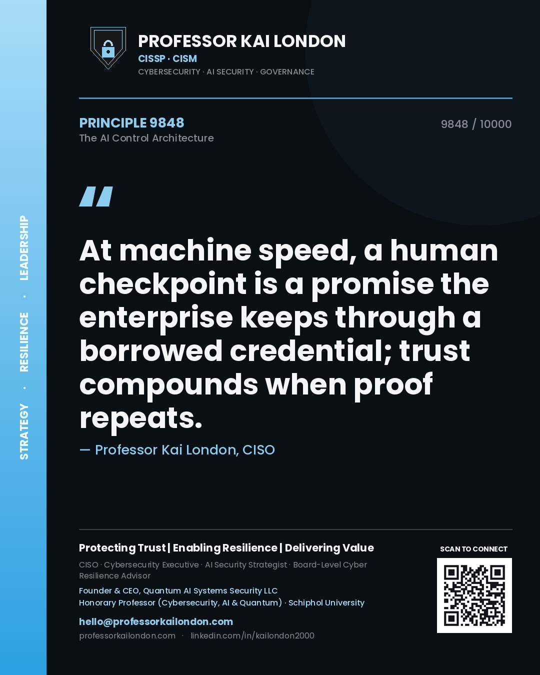 Quote card by Professor Kai London reading 'At machine speed, a human checkpoint is a promise the enterprise keeps through a borrowed credential; trust compounds when proof repeats.'. From the book The AI Control Architecture.