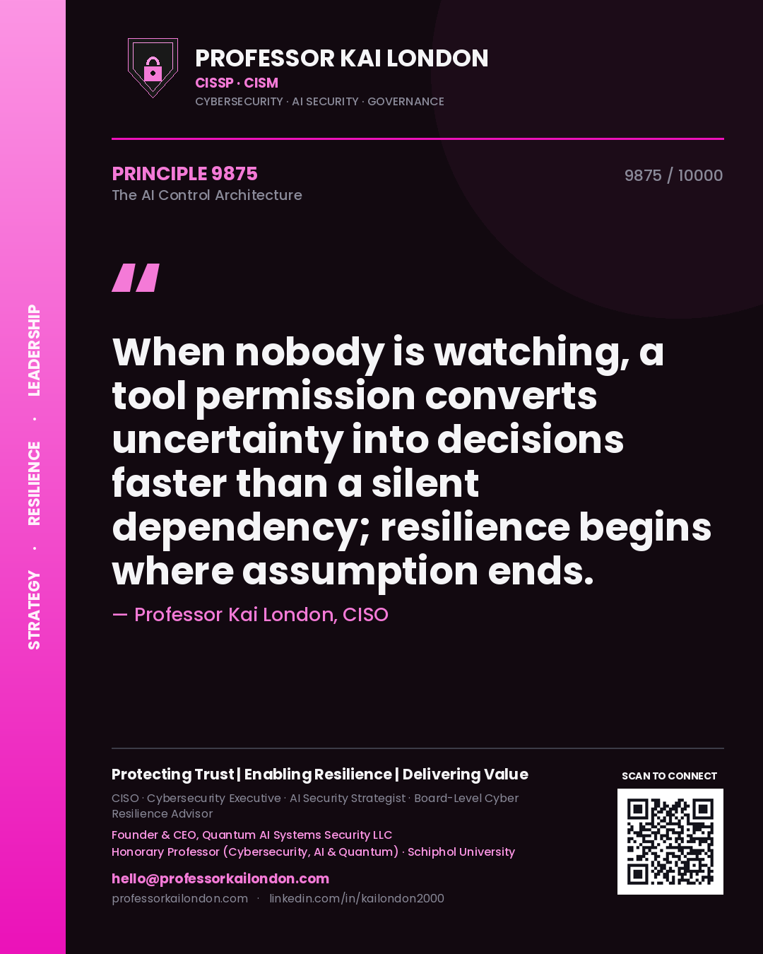 Professor Kai London principle 9875: When nobody is watching, a tool permission converts uncertainty into decisions faster than a silent dependency; resilience begins where assumption ends.