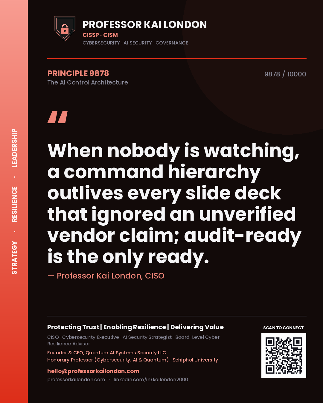 Professor Kai London principle 9878: When nobody is watching, a command hierarchy outlives every slide deck that ignored an unverified vendor claim; audit-ready is the only ready.